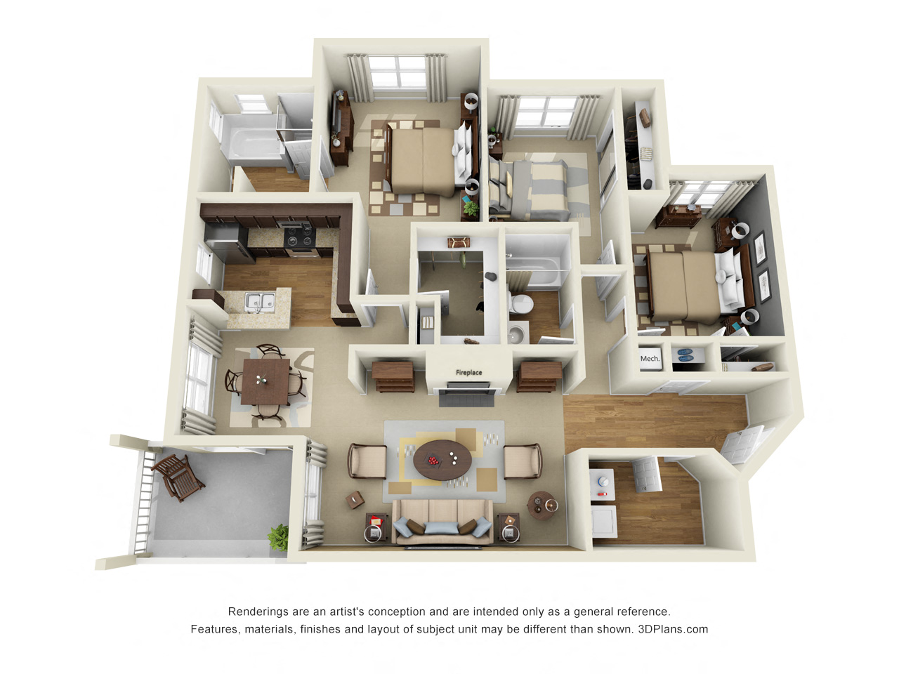 Trilogy 3D. 3 bedroom apartment. Kitchen with bartop open to living/dinning rooms. 2 full bathroom, shower stall & double vanity in master. Walk-in closet in master. Patio/balcony. Optional fireplace.