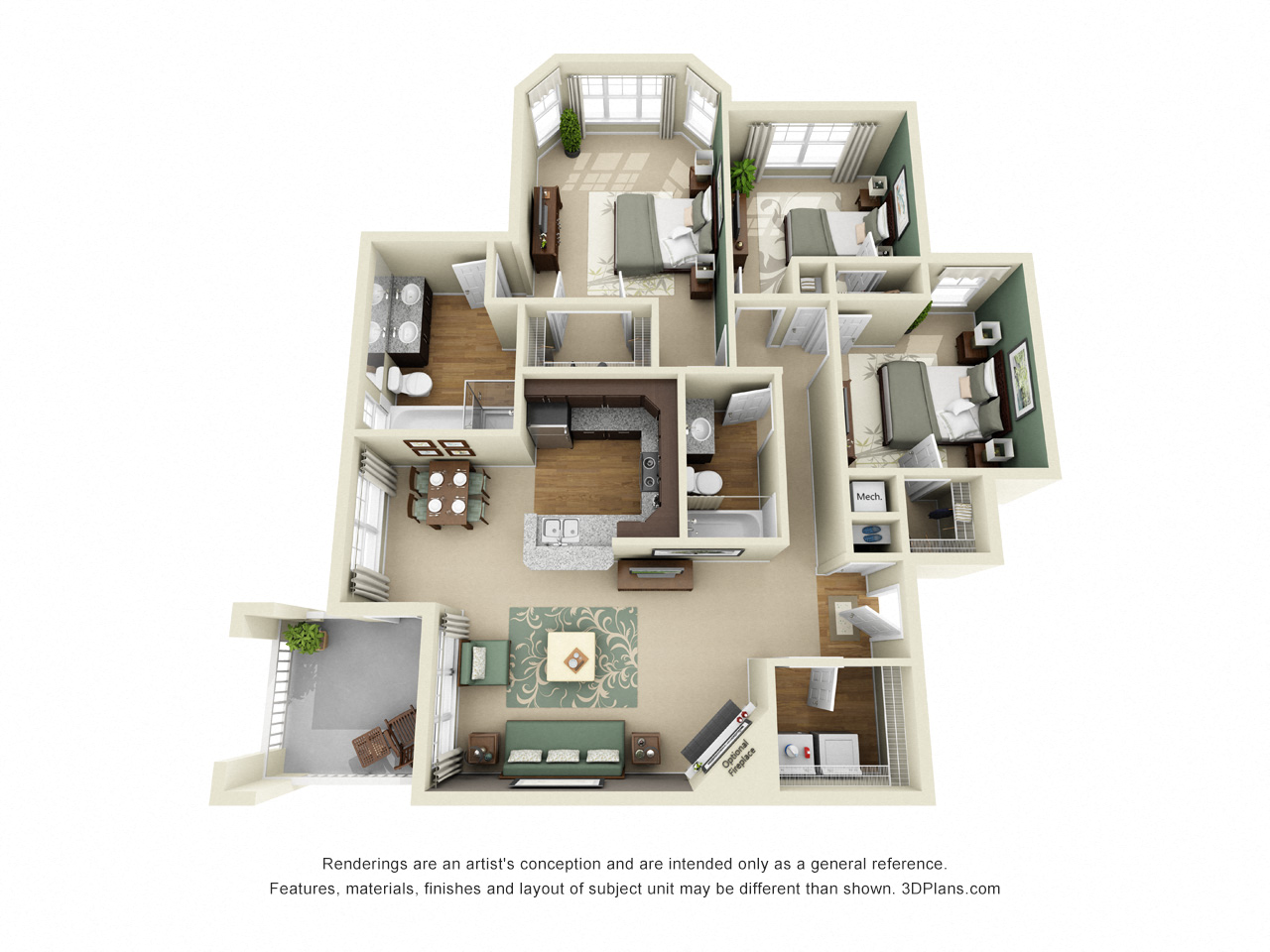 Augusta 3D. 3 bedroom apartment. Kitchen with bartop open to living/dinning rooms. 2 full bathrooms, shower stall in master. Walk-in closet in master. Patio/balcony. Optional fireplace.