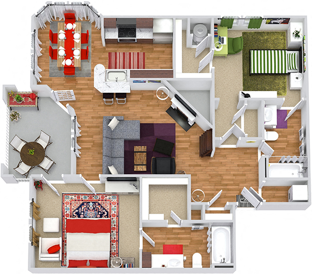 Fairway 3D. 2 bedroom apartment. Kitchen with bartop open to living/dinning rooms. 2 full bathrooms. Walk-in closet in master. Patio/balcony. Optional fireplace.