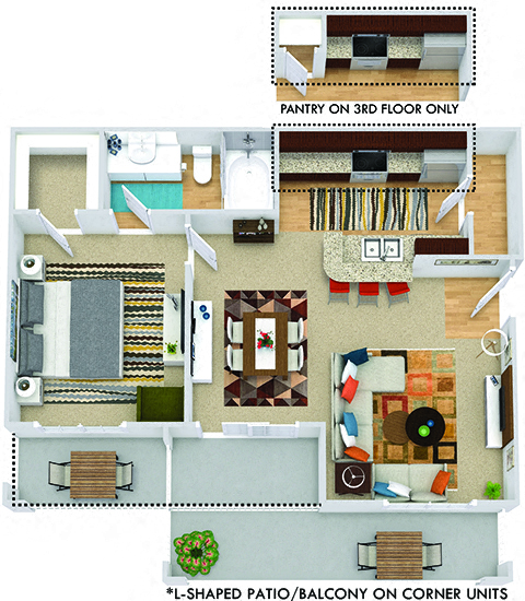 Amberley 3D. 1 bedroom apartment. Kitchen with bartop open to living/dinning rooms. 1 full bathroom. Walk-in closet. Patio/balcony.