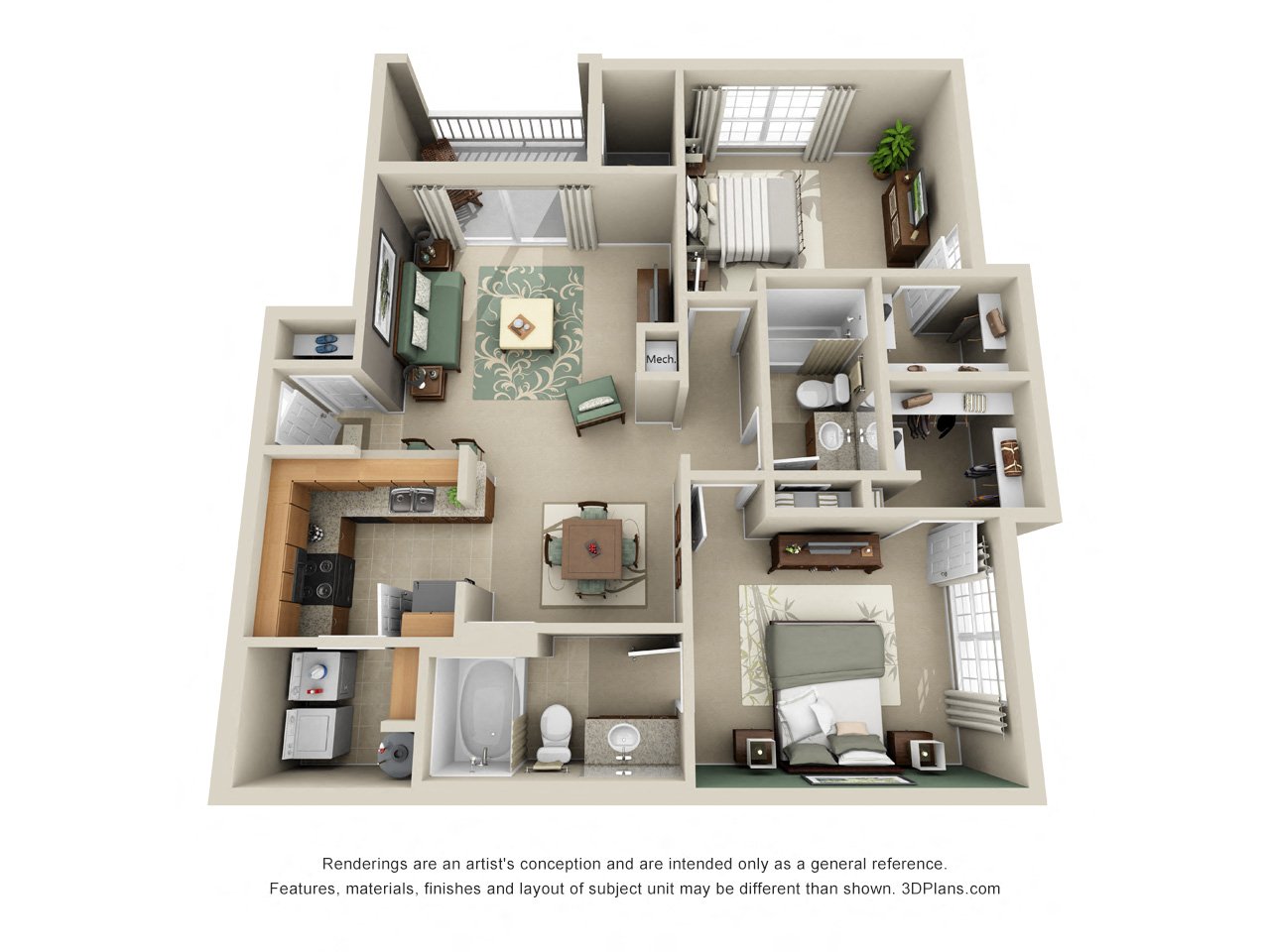 Hatteras 3D. 2 bedroom apartment. Kitchen with bartop open to living/dinning rooms. 2 full bathrooms. Walk-in closets. Patio/balcony with storage.