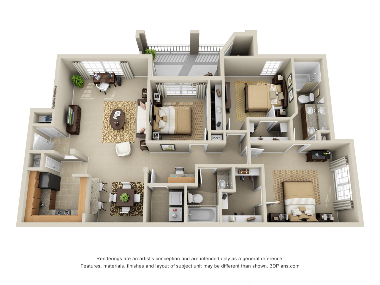 Roanoke 3D. 3 bedrooms. Kitchen with bartop open to living/dinning rooms. 2 full bathrooms, double vanity in master. Walk-in closets. Patio/balcony with storage. Optional fireplace.