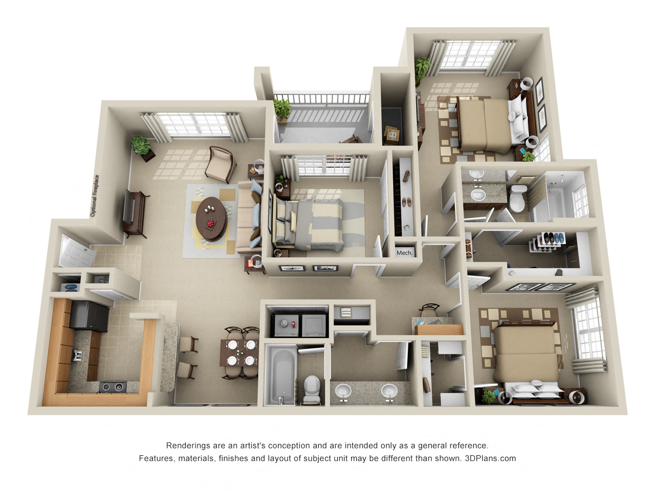 Wrightsville 3D. 3 bedrooms. Kitchen with bartop open to living/dinning rooms. 2 full bathrooms, double vanity in master. Walk-in closets. Patio/balcony. Optional fireplace.