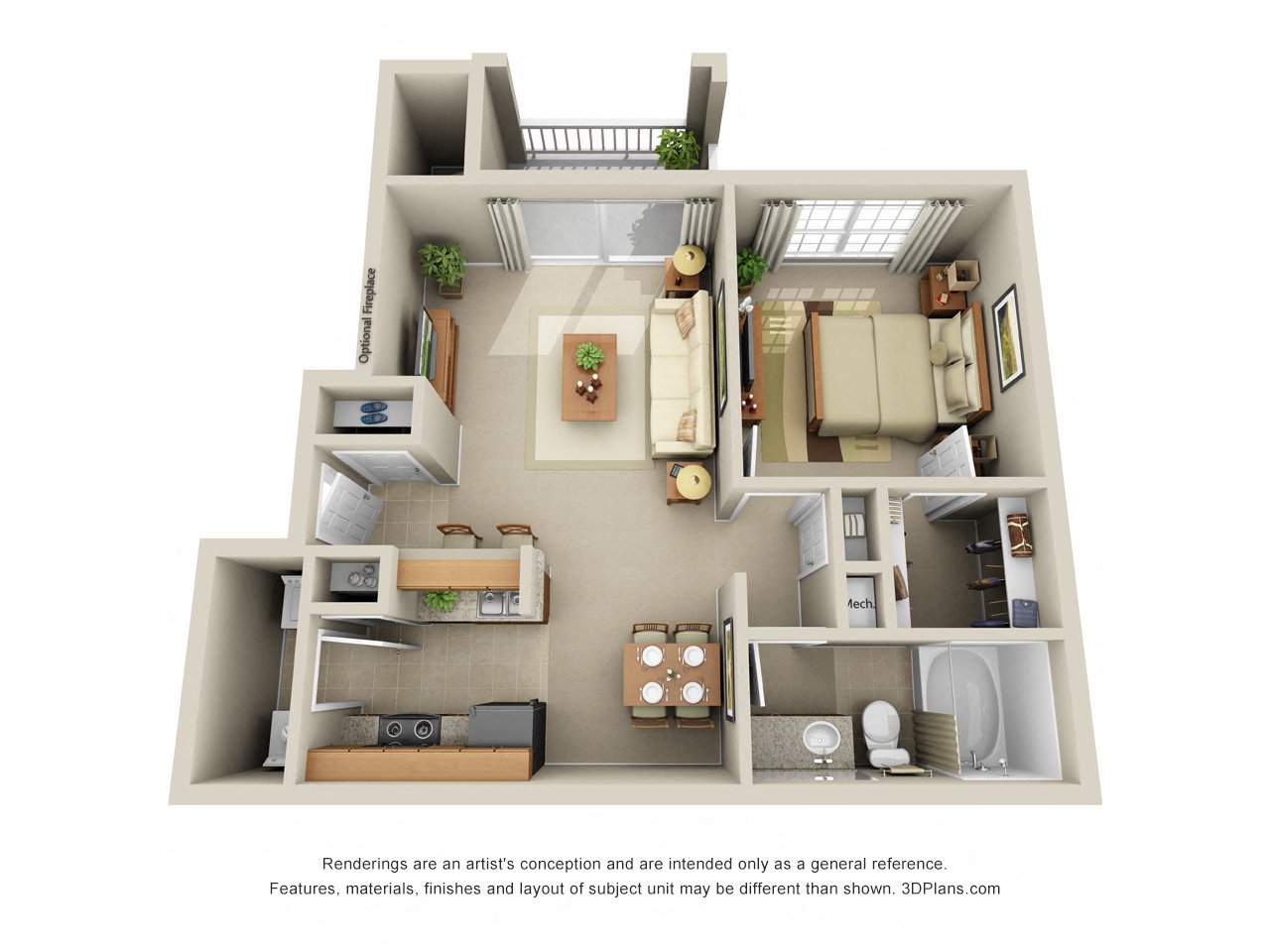 Atlantic 3D. 1 bedroom apartment. Kitchen with bartop open to living/dinning rooms. 1 full bathroom. Walk-in closet. Patio/balcony with storage. optional fireplace.