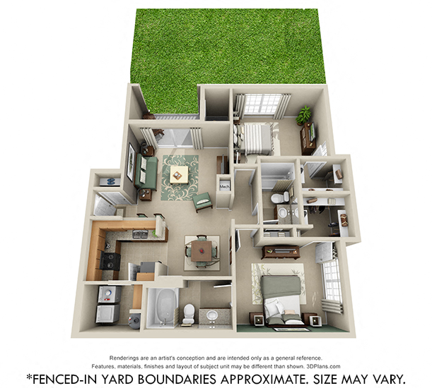 Hatteras with Fenced-in Yard. 2 bedroom apartment. Kitchen with bartop open to living/dinning rooms. 2 full bathrooms. Walk-in closets. Patio/balcony with storage open to yard.