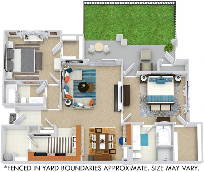 Corolla with Fenced-in Yard. 2 bedrooms. Kitchen with bartop open to living/dinning rooms. 2 full bathrooms, shower stall in master. Walk-in closets. Patio/balcony open to yard. Optional fireplace.