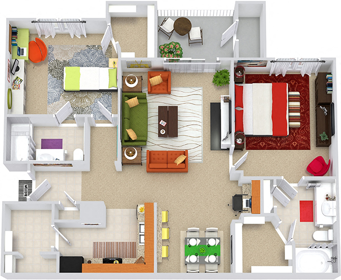 The Emerald. 2 bedrooms. Kitchen with bartop open to living/dinning rooms. 2 full bathrooms. Walk-in closets. Patio/balcony with storage. Optional fireplace.