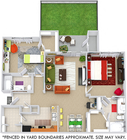 Emerald with Fenced-in Yard. 2 bedrooms. Kitchen with bartop open to living/dinning rooms. 2 full bathrooms. Walk-in closets. Patio/balcony with storage open to yard. Optional fireplace.