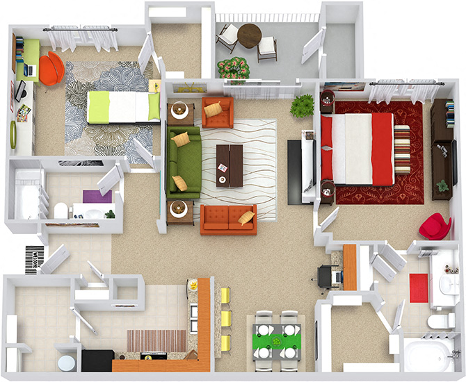 Holden 3D. 2 bedroom apartment. Kitchen with bartop open to living/dinning rooms. 2 full bathrooms. Walk-in closets. Patio/balcony with storage. Optional fireplace.