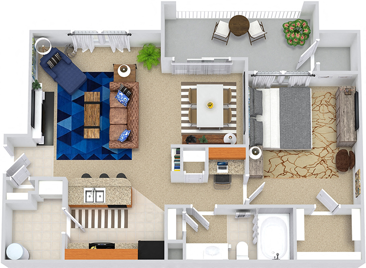 Sunset 3D. 1 bedroom apartment. Kitchen with bartop open to living/dinning rooms. 1 full bathroom. Walk-in closet. Patio/balcony with storage. optional fireplace.