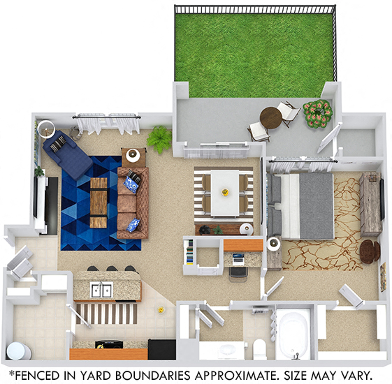 Sunset with Fenced-in Yard. 1 bedroom apartment. Kitchen with bartop open to living/dinning rooms. 1 full bathroom. Walk-in closet. Patio/balcony with storage open to yard. optional fireplace.