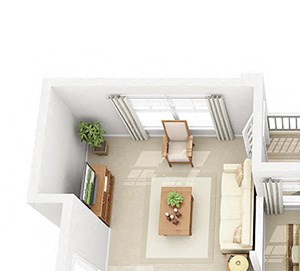 Allegro. 1 bedroom apartment. Kitchen with bartop open to living/dinning rooms. 1 full bathroom. Walk-in closet. Patio/balcony. Alternate Living Room layout with bump out and optional built-in entertainment shelves.