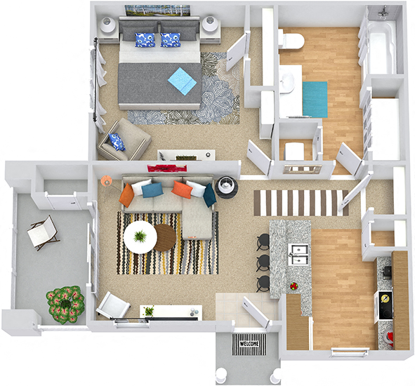 Linley 3D. 1 bedroom apartment. Kitchen with bartop open to living room. 1 full bathroom. Patio/balcony.