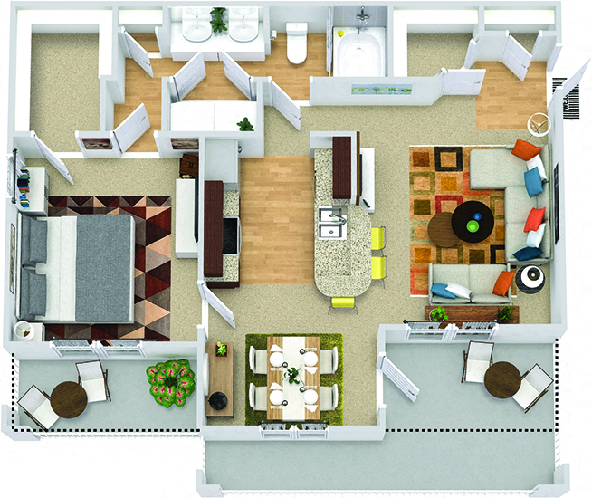 Amberley. 1 bedroom apartment. Kitchen with bartop open to living/dinning rooms. 1 full bathroom, double vanity. Walk-in closet. Patio/balcony.