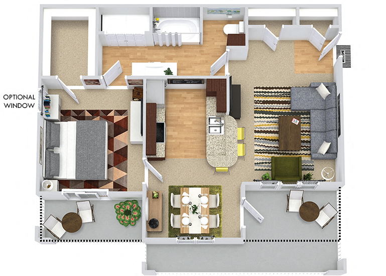 Amherst 3D. 1 bedroom apartment. Kitchen with bartop open to living/dinning rooms. 1 full bathroom. Walk-in closet. Patio/balcony.