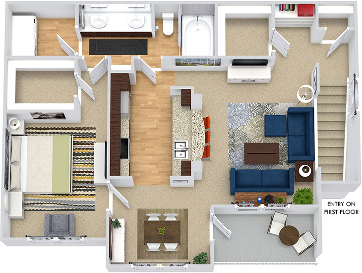 Ansdale 3D. 1 bedroom apartment. 1st floor entry. Kitchen with bartop open to living/dinning rooms. 1 full bathroom, double vanity. Walk-in closet. Patio/balcony.