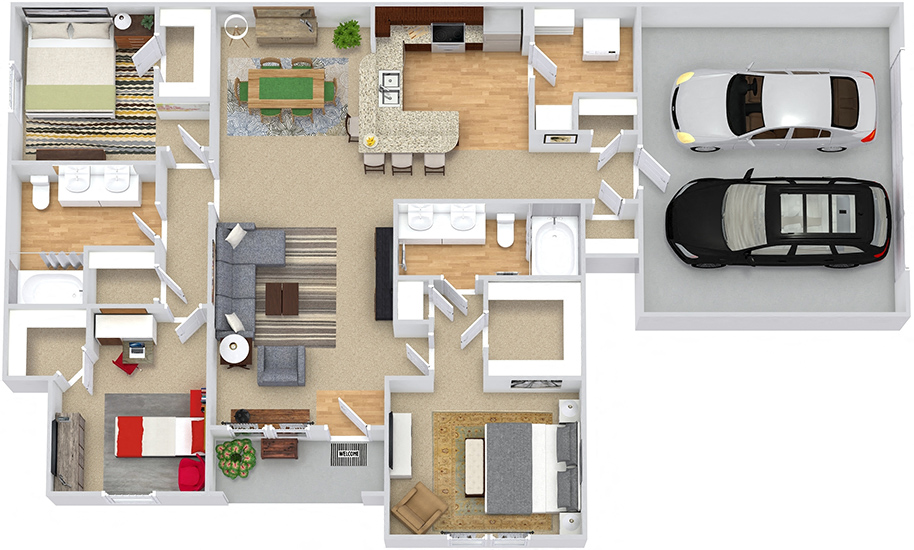 Charlton 3D. 3 bedroom apartment. Kitchen with bartop open to living/dinning rooms. 2 full bathroom, double vanities. Walk-in closets. Patio/balcony.
