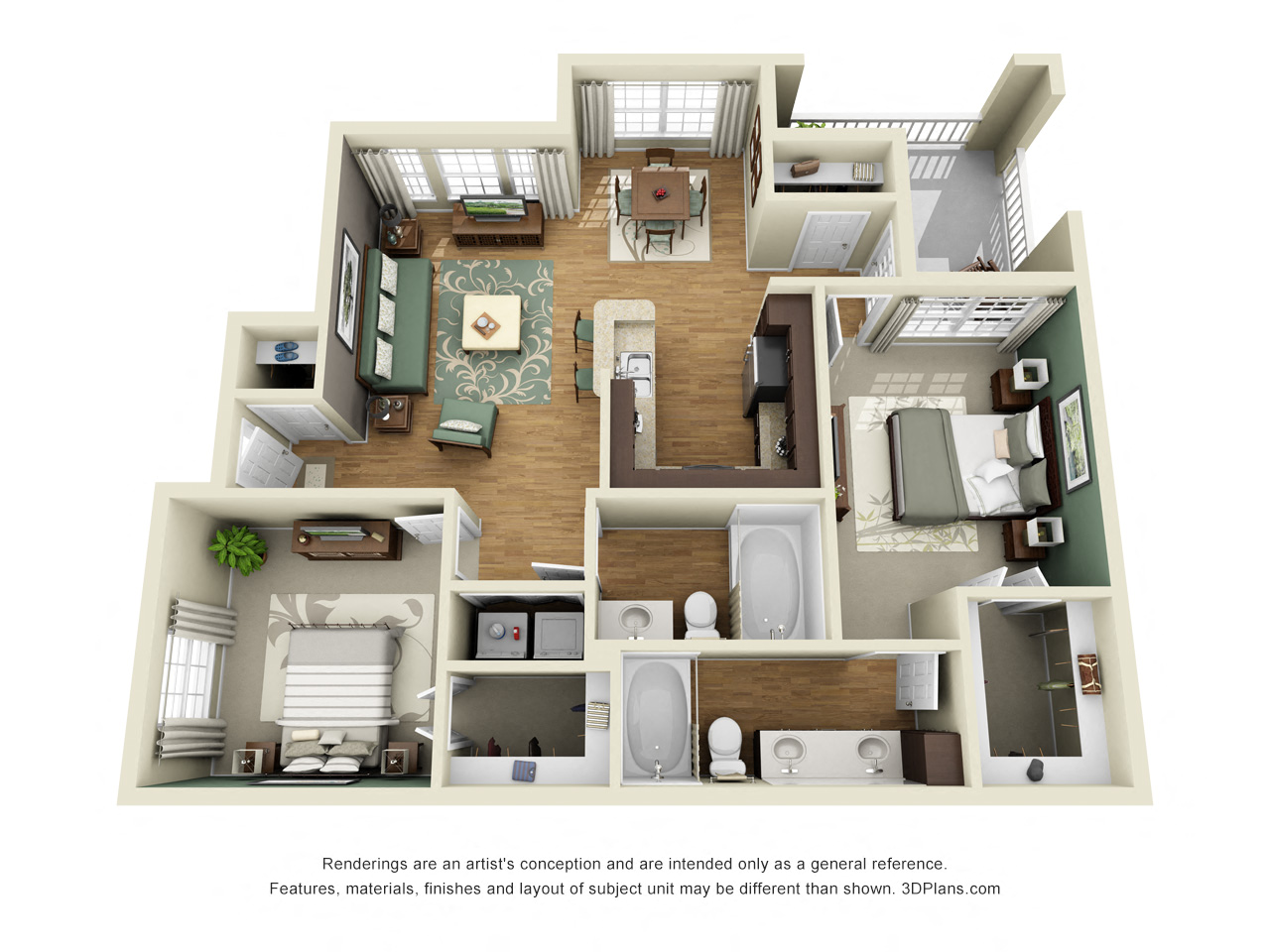 Blakemore 3D. 2 bedroom apartment. Kitchen with bartop open to living/dinning rooms. 2 full bathroom, double vanity in master. Walk-in closet. Patio/balcony.