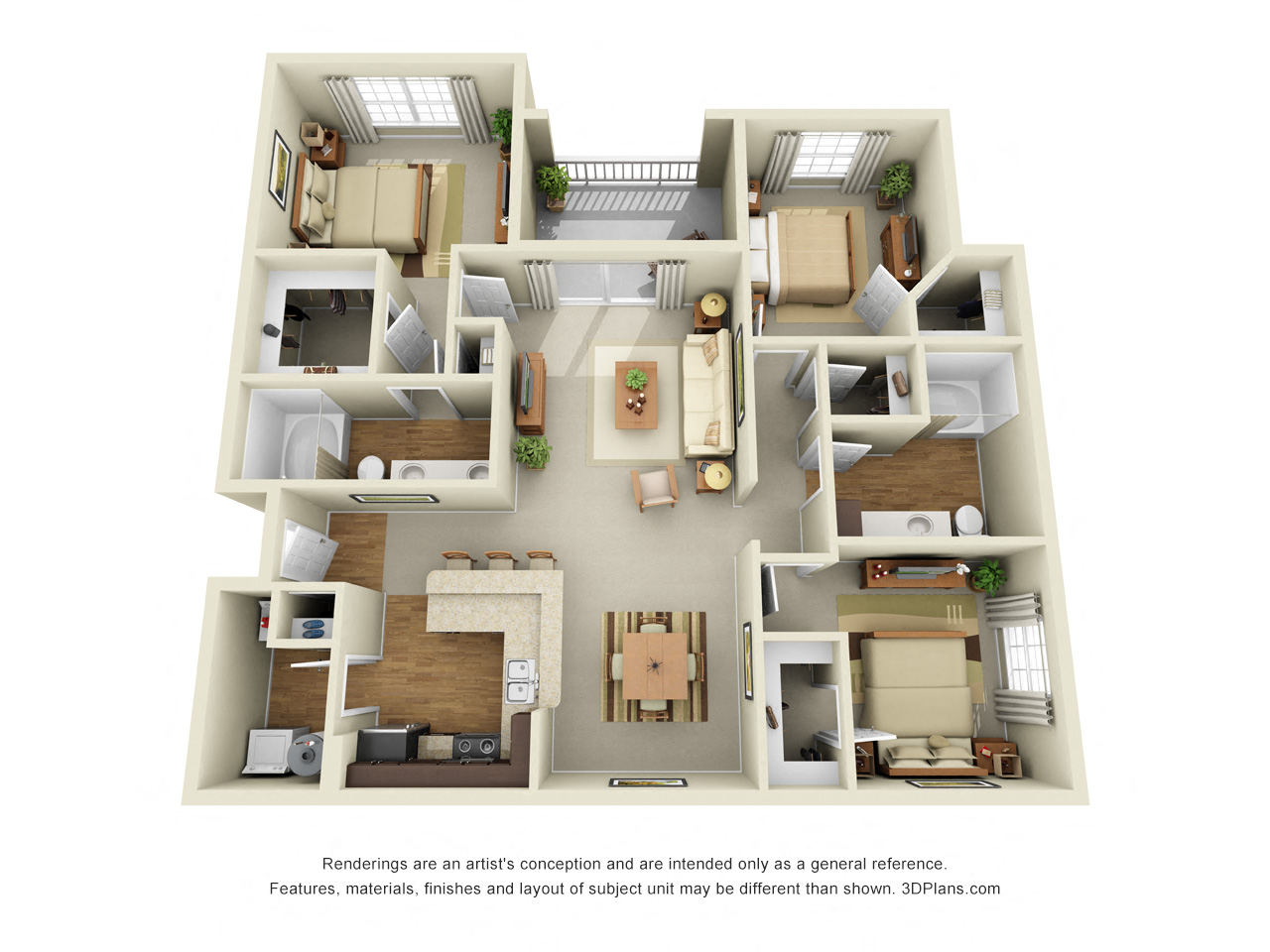 Camden 3D. 3 bedroom apartment. Kitchen with bartop open to living/dinning rooms. 2 full bathroom, double vanities. Walk-in closets. Patio/balcony.