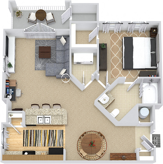 Parkside 3D. 1 bedroom apartment. Kitchen with bartop open to living/dinning rooms. 1 full bathroom. Walk-in closet. Patio/balcony.