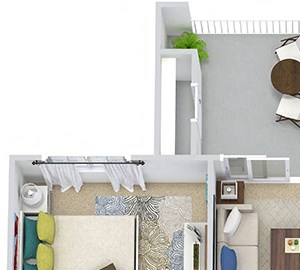 Halloway 3D. 2 bedroom apartment. Kitchen with island open to living/dinning rooms. 2 full bathrooms. Walk-in closets. Patio/balcony.