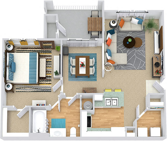 Oakview. 1 bedroom apartment. Kitchen with bartop open to living/dinning rooms. 1 full bathroom. Walk-in closet. Patio/balcony.