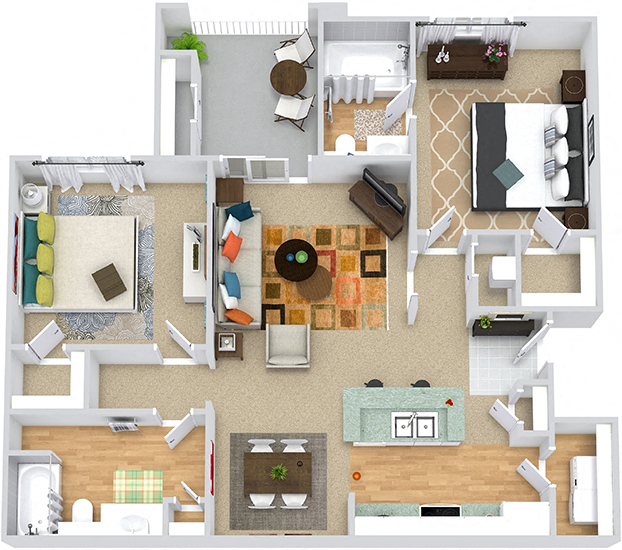 Beechwood 3D. 2 bedroom apartment. Kitchen with island open to living/dinning rooms. 2 full bathrooms. Walk-in closets. Patio/balcony.
