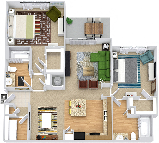 Kingfisher 3D. 2 bedroom apartment. Kitchen with island open to living/dinning rooms. 2 full bathroom. Walk-in closets. Patio/balcony.