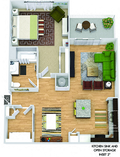 Merlin 3D. 1 bedroom apartment. Kitchen with island open to living/dinning rooms. 1 full bathroom. Walk-in closet. Patio/balcony.