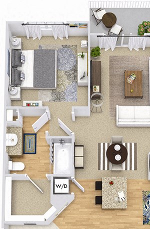 Hummingbird 3D Hummingbird 3D. 1 bedroom apartment. Kitchen with island open to living/dinning rooms. 1 full bathroom. Walk-in closet. Patio/balcony.