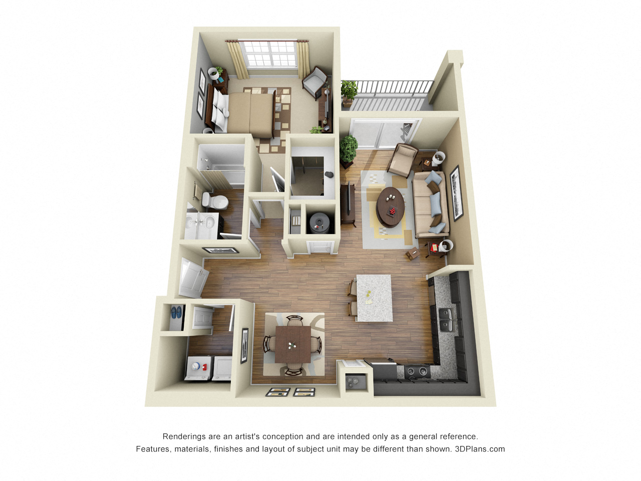 Falcon 3D. 1 bedroom apartment. Kitchen with island open to living/dinning rooms. 1 full bathroom. Walk-in closet. Patio/balcony.