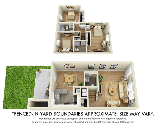 Chadwyck with Fenced-in Yard. 3 bedroom townhome. Kitchen with bartop open to living/dinning rooms. 2 full bathrooms + powder room. Patio/balcony open to yard.