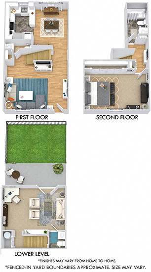 Asbury with Fenced-in Yard. 1 bedroom townhouse with den. Kitchen with bartop open to dinning room. 1 full bathroom + 2 powder rooms. Patio/balcony open to yard.