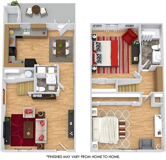 Biltmore 3D. 2 bedroom townhome. Kitchen ,living, and dinning rooms. 1 full bathroom + powder room. Patio/balcony.