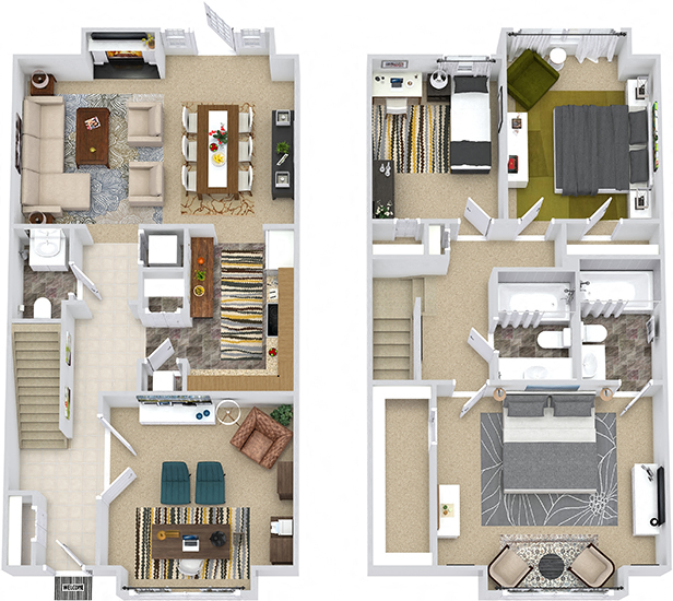 Buxton. 3 bedroom townhome + den. Kitchen, living, and dinning rooms. Fireplace. 2 full bathrooms + powder room. walk-in closet, master. Patio/balcony.