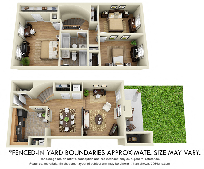 LaColombe with Fenced-in Yard. 3 bedroom townhome. Kitchen, living, and dinning rooms. 2 full bathrooms + powder room. Patio/balcony open to yard.