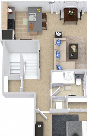 The Alder 3D The Alder 3D. 1 bedroom apartment, 1st floor entry. Kitchen with bartop open to living room. 1 full bathroom. closet.
