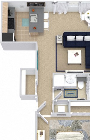Elm. 1 bedroom apartment. Kitchen with bartop open to living room. 1 full bathroom. closet.