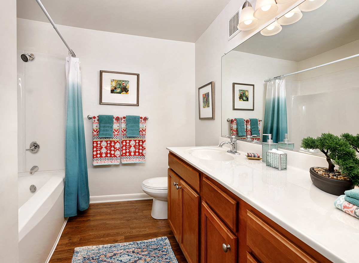 a bathroom with a large mirror and a shower and a toilet