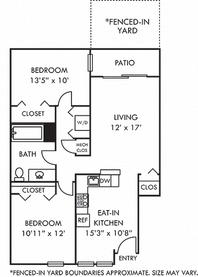 The Hemlock with Fenced-in Yard. 2 bedroom apartment. Kitchen with bartop open to living/dinning room. 1 full bathroom. large closets. Patio/balcony open to yard