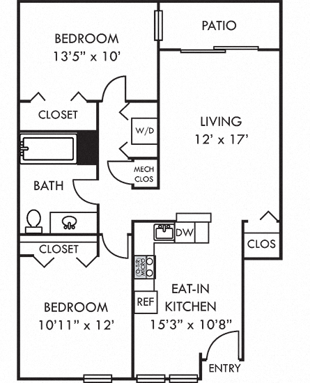 The Hemlock. 2 bedroom apartment. Kitchen with bartop open to living/dinning room. 1 full bathroom. large closets. Patio/balcony.