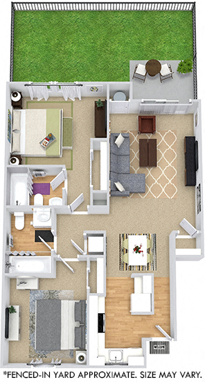 Hawthorne with Fenced-in Yard. 2 bedroom apartment. Kitchen with bartop open to living/dinning room. 2 full bathroom. large closets. Patio/balcony open to yard