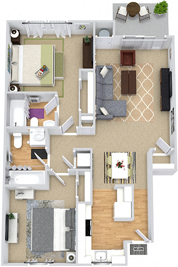 Hawthorne 3D. 2 bedroom apartment. Kitchen with bartop open to living/dinning room. 2 full bathroom. large closets. Patio/balcony.