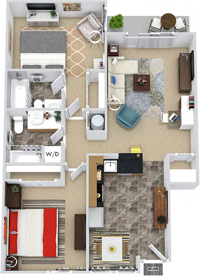 Hickory 3D. 2 bedroom apartment. Kitchen with bartop open to living/dinning room. 2 full bathroom. large closets. Patio/balcony.