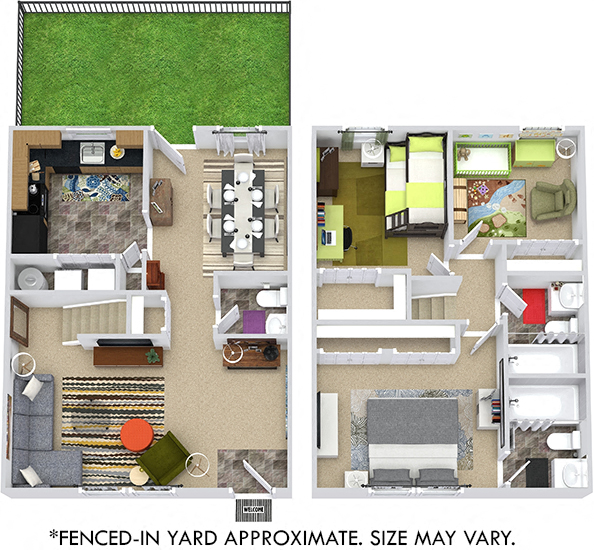 Magnolia with Fenced-in Yard. 3 bedroom townhome. Kitchen. living room. dinning room. 2 full bathroom + powder room. large closets. back door open to yard