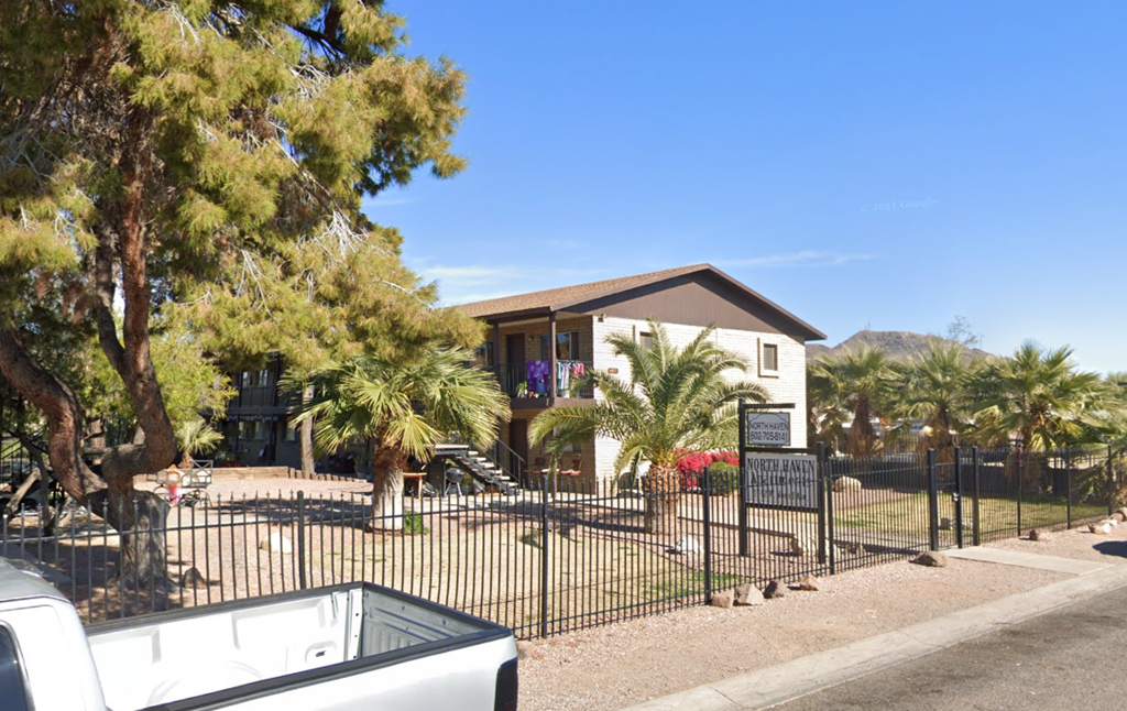 a house with palm trees and a fence in front of it