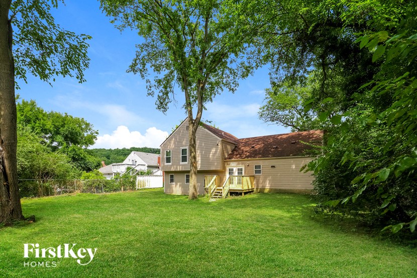 a backyard with a house and a tree