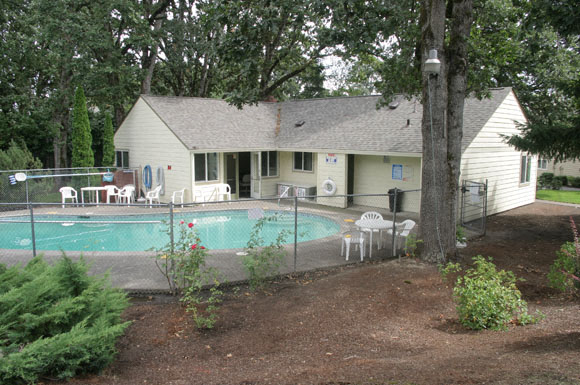 a house with a swimming pool in front of it