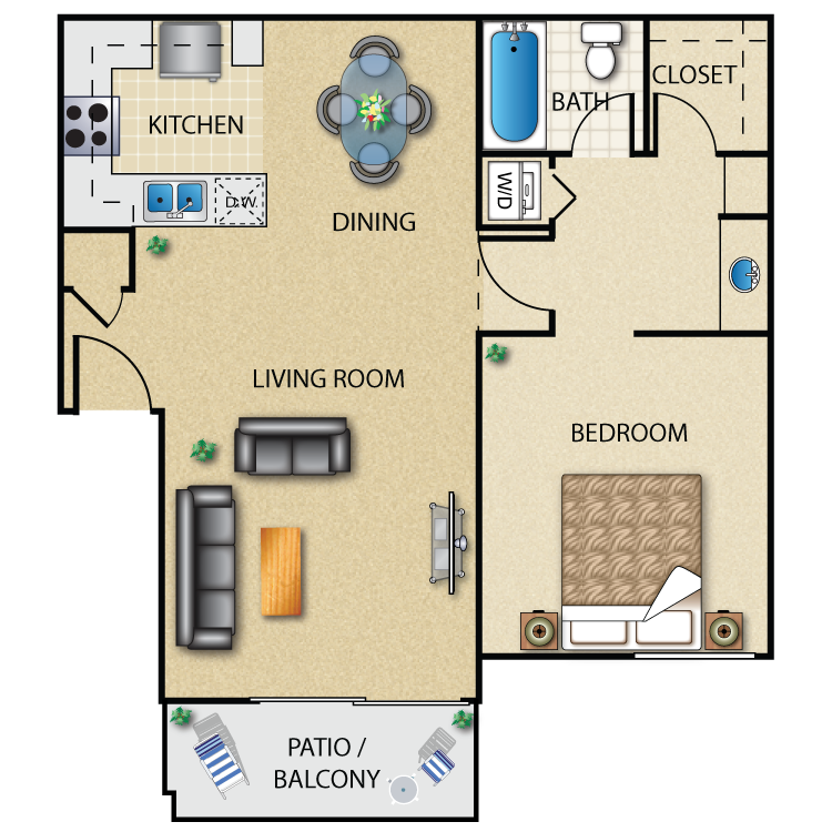 1 Bed 1 Bath (1x1dp)