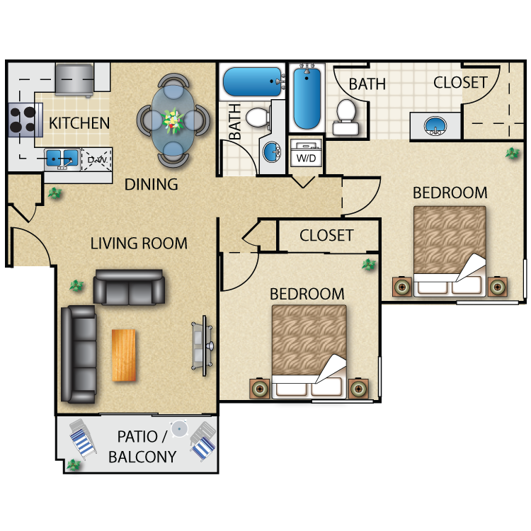 2 Bed 2 Bath (2x2dp-a)